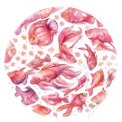 Carte de souhaits 5x5, -- La ronde des poissons rouges --, de l'artiste Sophie Rozenn Boucher, dimension : 5 x 5 pouces largeur, sans texte, avec enveloppe  Vous pouvez inscrire votre message à l'intérieur.  Carte vendue à l'unité