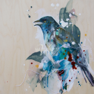 Bleu-Violet, de l'artiste Anne-Marie Villeneuve, Tableau, Acrylique, graphite et fils de coton sur panneau de merisier, Création unique, dimension : 12 x 12 po de largeur