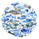 Carte de souhaits 5x5, -- La ronde des poissons bleus --, de l'artiste Sophie Rozenn Boucher, dimension : 5 x 5 pouces largeur, sans texte, avec enveloppe  Vous pouvez inscrire votre message à l'intérieur.  Carte vendue à l'unité