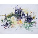 Refuge en montagne, de l'artiste Anne-Marie Villeneuve, Tableau, Acrylique, graphite et fils de coton sur toile galerie, Création unique, dimension : 8 x 10 po de largeur