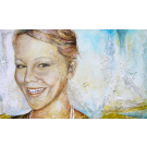 Le sourire de Bonaventure, de l'artiste Annie Lévesque, Acrylique et collage sur toile, Création unique, dimension : 25 x 42 po de largeur