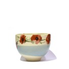 Bol à thé (bande turquoise, fleur coquelicot), no 1, de l'artiste Jane Baronet, Pièce tournée ou fabriquée en grès par moulage, dimension : 3 po x 2 1/8 po