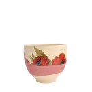 Bol à thé, no 31 (bande rose, fleur rouge), de l'artiste Jane Baronet, Pièce tournée ou fabriquée en grès par moulage, dimension : 3 x 3.5 po