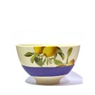 Bol à café (bande violette, citrons jaunes), no 19, de l'artiste Jane Baronet, Pièce tournée ou fabriquée en grès par moulage, dimension : 4.5 po x 2.5 po