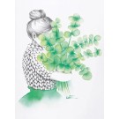 Carte de souhaits 5x4 po, -- Femme au bouquet d'eucalyptus --, de l'artiste Katrinn Pelletier, dimension : 5.5 x 4.25 pouces largeur, sans texte, avec enveloppe  Vous pouvez inscrire votre message à l'intérieur.  Carte vendue à l'unité