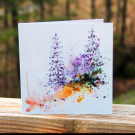 Carte de souhaits 5x5, -- L'appel de la forêt, Forêt mauve --, de l'artiste Anne-Marie Villeneuve, dimension : 5.25 x 5.25 pouces largeur, sans texte, avec enveloppe  Vous pouvez inscrire votre message à l'intérieur.  Carte vendue à l'unité