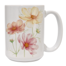 Tasse à café, -- Fleurs de cosmos --, de l'artiste Katrinn Pelletier, Illustration, impression sublimation, Faite au Québec, matériaux : céramique, Capacité : 15 onces