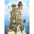Carte de souhaits 7x5, Le Château sur l'Ile, de l'artiste Félix Girard, dimension : 7 x 5 pouces largeur, sans texte, avec enveloppe, Vous pouvez inscrire votre message à l'intérieur, Carte vendue à l'unité