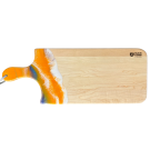 Planche à découper, petite, no 40, Orange / blanc et bleu, de l'artiste Julie Marcotte, Matériaux, Érable, résine alimentaire et huile de pépin de raisin, dimension : 3/4 x 7 x 18 pouces