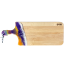 Planche à découper, petite, no 41, Mauve, orange / blanc et bleu royal, de l'artiste Julie Marcotte, Matériaux, Érable, résine alimentaire et huile de pépin de raisin, dimension : 3/4 x 7 x 18 pouces