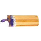 Planche de service, no 56, Violet / Jaune / Blanc, de l'artiste Julie Marcotte, Matériaux, Érable, résine alimentaire et huile de pépin de raisin, dimension : 3/4 x 9 x 30 po