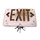 Porte-clefs magnétique EXIT brun et jaune, de l'artiste Alexandre Tardif, fait en bois, tilleul ou pin, format rectangulaire, dimension : 7.5 x 11.75 pouces de largeur, décoration fonctionnelle