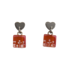 Boucles d'oreille, Puce tombante avec carré, no 86, Peintes à la main, Tiges en acier inoxydable, Matière première : verre, cuisson au four