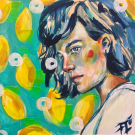 Sans titre (Bleu citron), de l'artiste Florence Lemay, Tableau, Acrylique sur bois, Création unique, dimension : 12 x 12 po de largeur