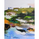 Souvenir de Gaspé, de l'artiste Stéphanie Viens, Technique : Acrylique et collage sur toile, Création unique, Format de l'oeuvre : 36 x 30 pouces de largeur