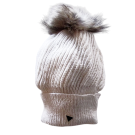 Tuque béret, no 44, de l'artiste Irèna Geerts, Création québécoise faite à la main. Modèle garni d'un pompon de fourrure recyclée et de laine alpaga à 100 %.