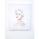 Yeux verts et tricot cuivré, de l'artiste Marie-Pierre Lortie, Oeuvre Encre, fil de cuivre sur soie, Création unique, dimension 24 x 20 pouces de largeur