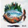 Poisson camping sauvage, de l'artiste BBrigitte Galipeau - BGALI, Tableau, Acrylique, encre et collage d'acrylique sur toile galerie, Dimension : 12 x 12 pouces de largeur